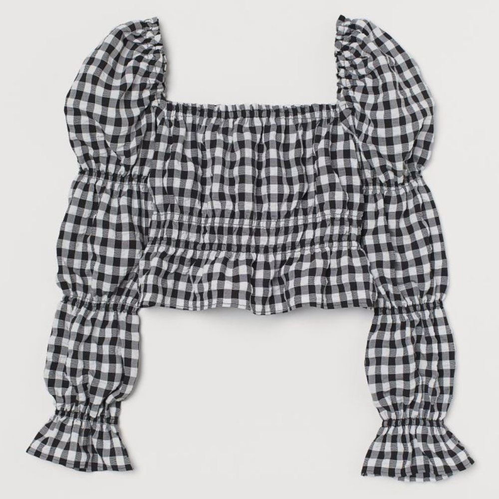 H&M Checkered Puff Sleeve Top, Size Small